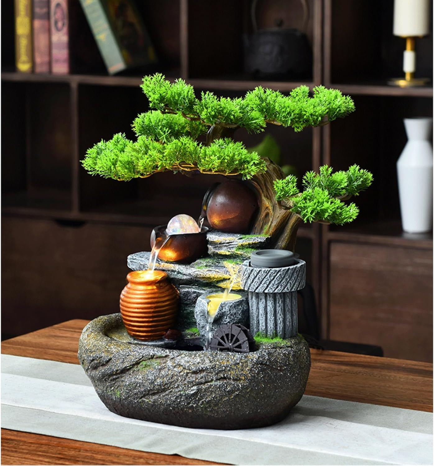 Rockery Stream Tabletop Fountain Desktop Waterfall Feature with Artificial Tree & Glass Bead Indoor Water Fountain for Home