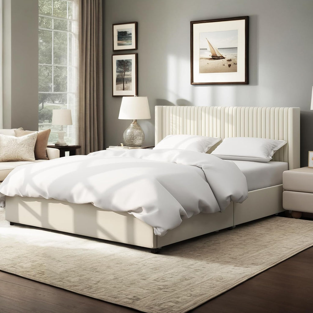 Queen Size Storage Bed Frame with 2 Drawers, Ivory Velvet Upholstered Wingback Platform Bed, Vertical Channel Tufted Headboard, Metal Frame Support, No Box Spring Needed | 2 Drawers, Metal Frame Support, No Box Spring Needed, Quick-Setup Tooling