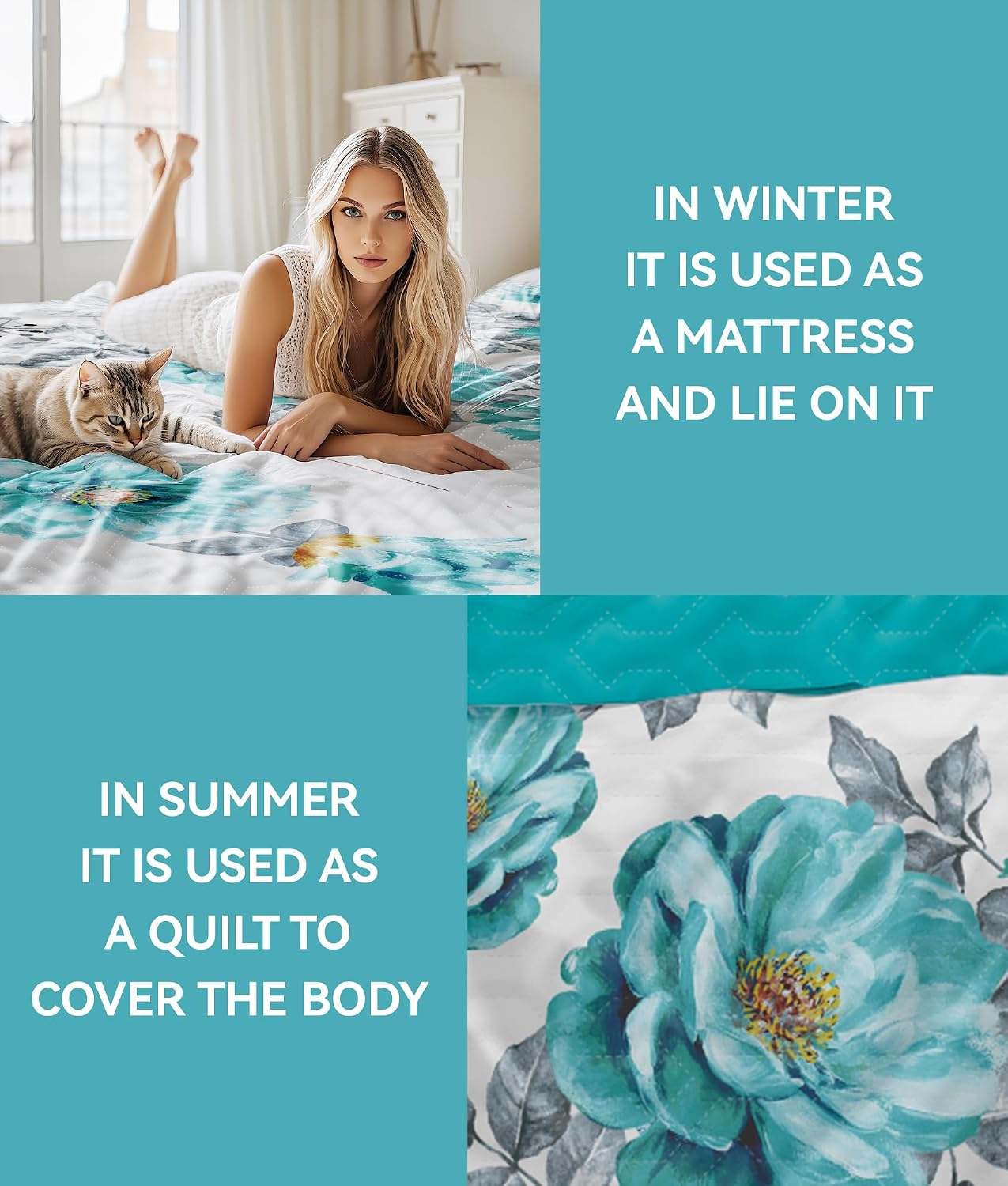 9 Pcs Cal King Bed in A Bag with Curtains | Teal Floral Bedspread, 2 Pillowcases, 2 Print & 4 Solid Curtains | Microfiber, Cotton-Like Touch | Bedroom | Bedspread and Curtain Sets