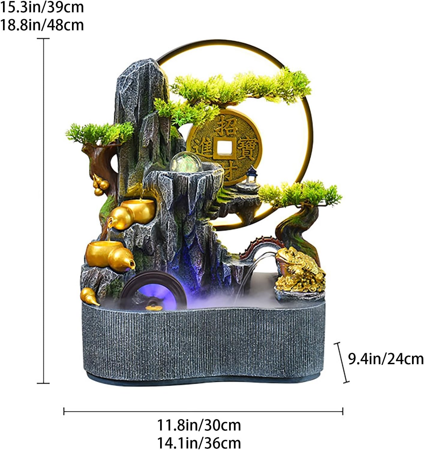 Tabletop Water Fountain, Indoor Bonsai Waterfall with LED Light, Resin Desk for Living Room, Office, Bedroom, Study(A)