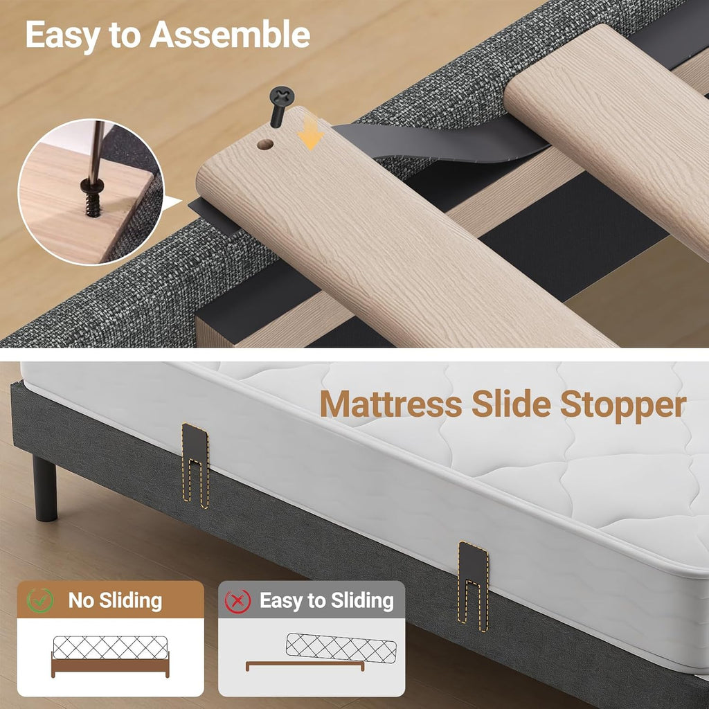 COLAMY Queen Bed Frame with Charging Station & LED Lights, Upholstered Headboard with 2-Tier Storage, Heavy Duty Metal Platform Bed with Wood Slats, No Box Spring, Noise-Free, Easy Assembly, Grey