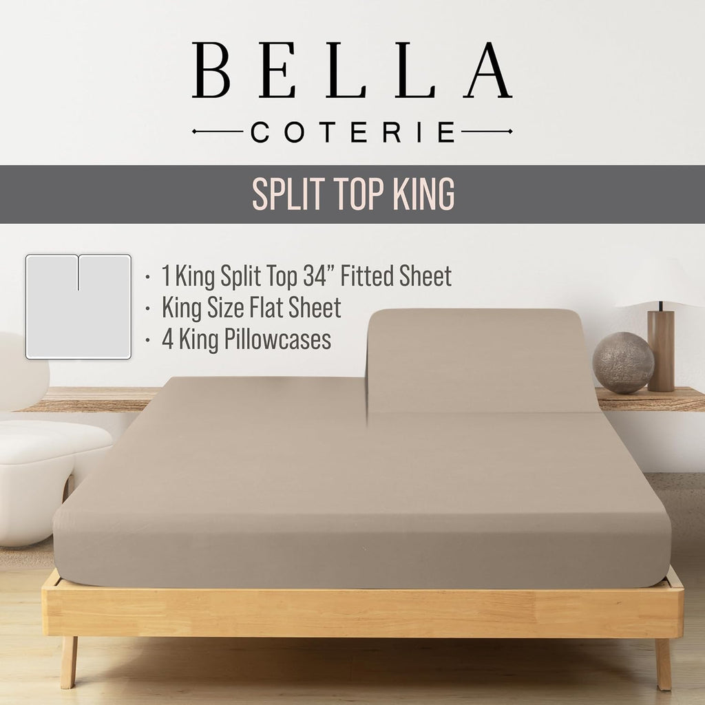 Bella Coterie 6 Piece Luxury Bamboo Viscose Split Top King Size Sheet Set | 34' Split for Adjustable Beds | 100% Organically Grown| Cooling | 18' Deep Pocket | 4 Pillowcases [Dune]