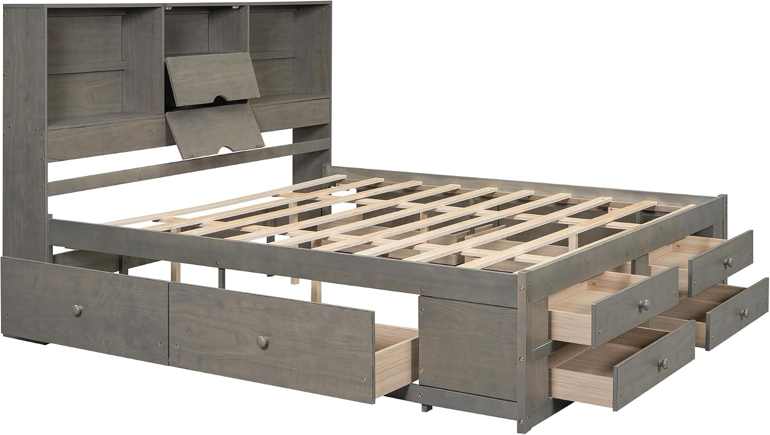VilroCaz Wood Queen Size Platform Bed with Storage Headboard, Modern Platform Bed Captain's Bed Frame with 8 Drawers, Sturdy Slats Support, Maximize Space