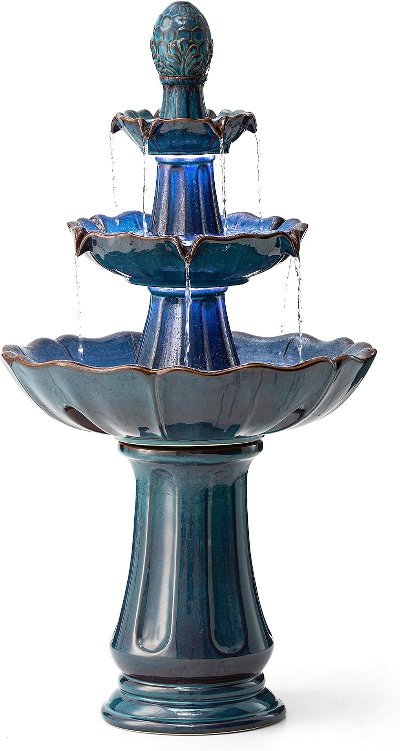 Glitzhome Outdoor 3 Tier Pedestal Fountain with LED Light & Pump - 45.25' H, Ceramic Turquoise Water Fountains Waterfall Large Floor-Standing Garden Fountain for Patio, Lawn, Backyard