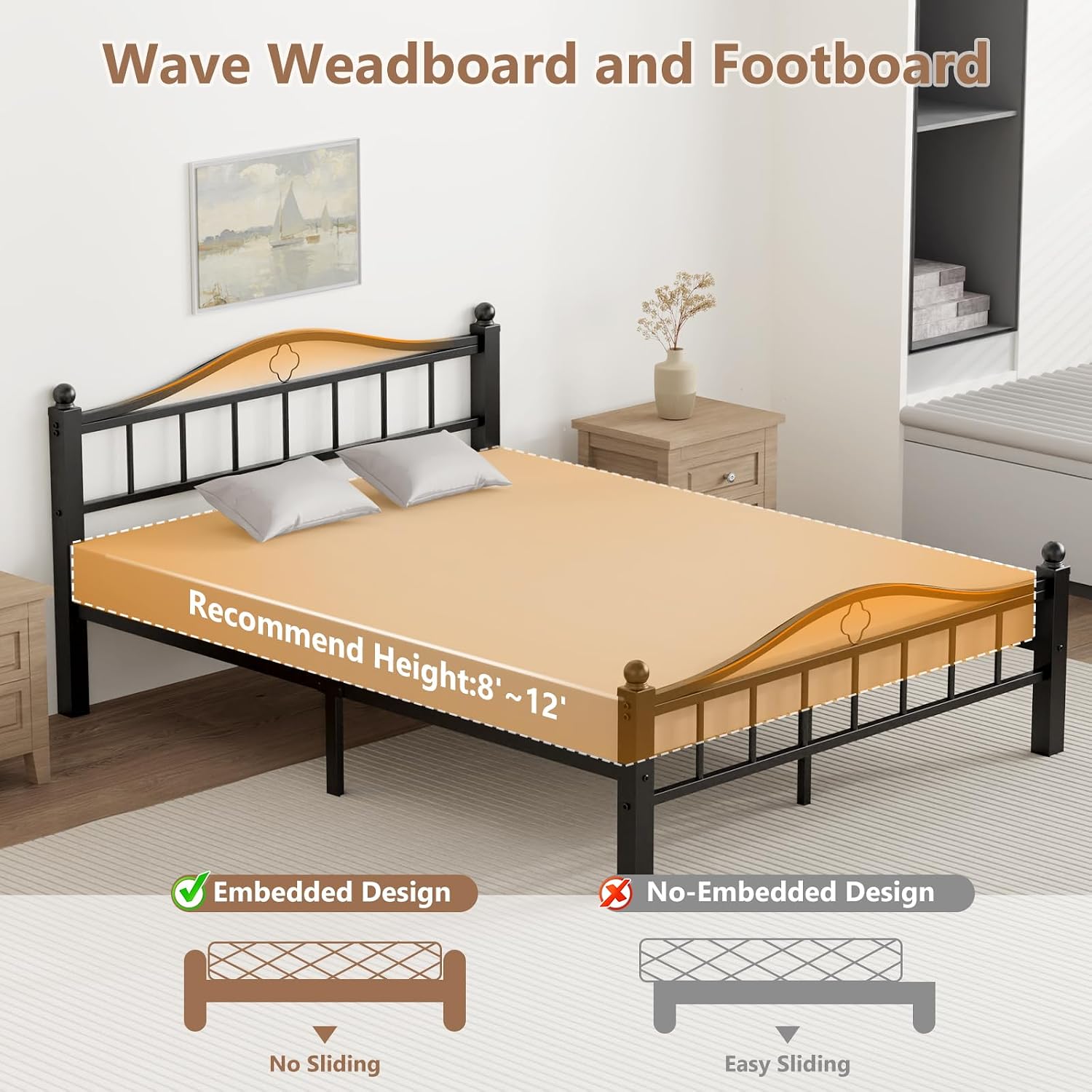 Metal Queen Bed Frame with Headboard, 1500lb No Squeak Platform, 12' Underbed Storage, Tool-Free 30-Min Assembly, No Box Spring Needed, Black