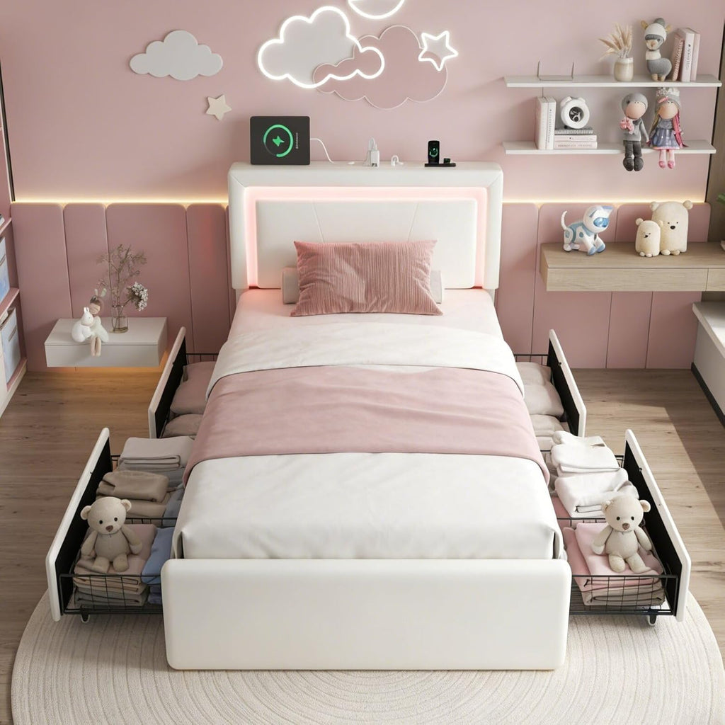 LoVinson Twin Size Bed Frame with 4 Storage Drawers, Charging Station and LED Light, Adjustable Upholstered Headboard, Noise-Free, No Box Spring Needed, Easy Assembly, White