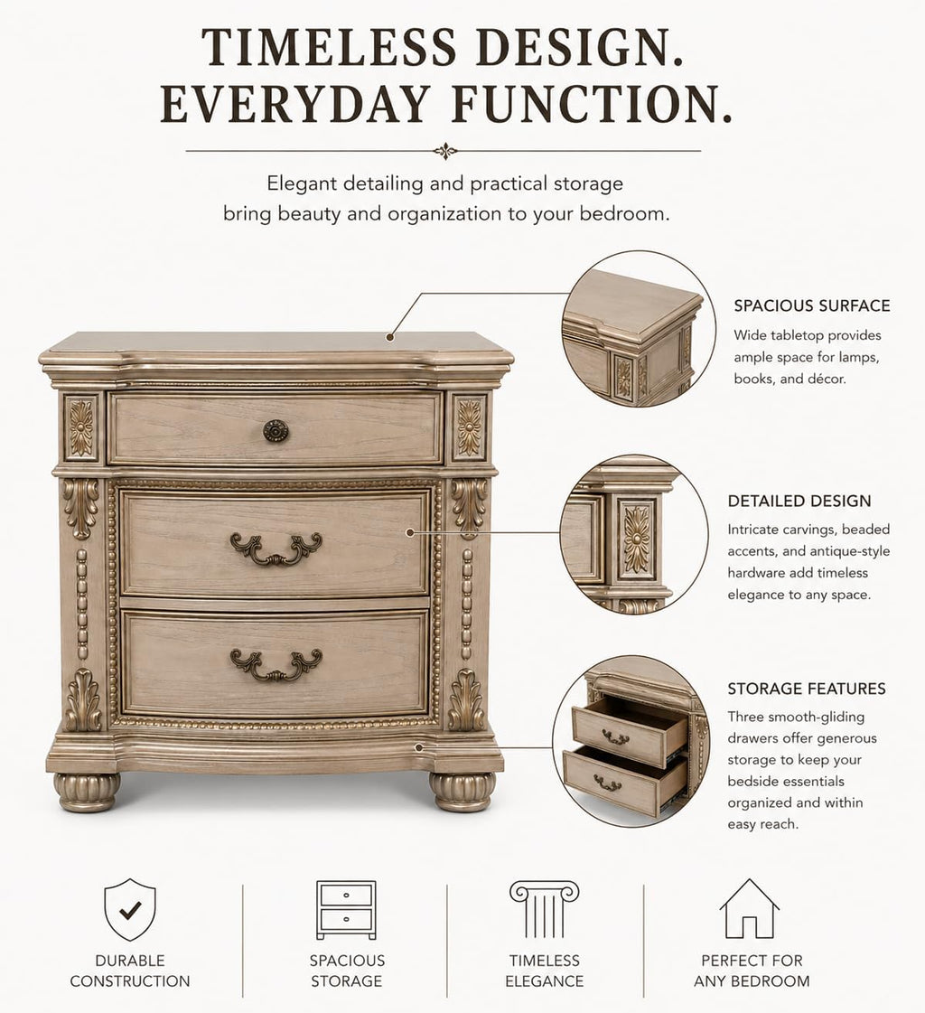 First of a Kind Nightstand Bedroom Furniture Evelyn Champagne Traditional Wood Bedside Table Ornate European Inspired Design Classic Bedroom Nightstand Coordinated Furniture Style