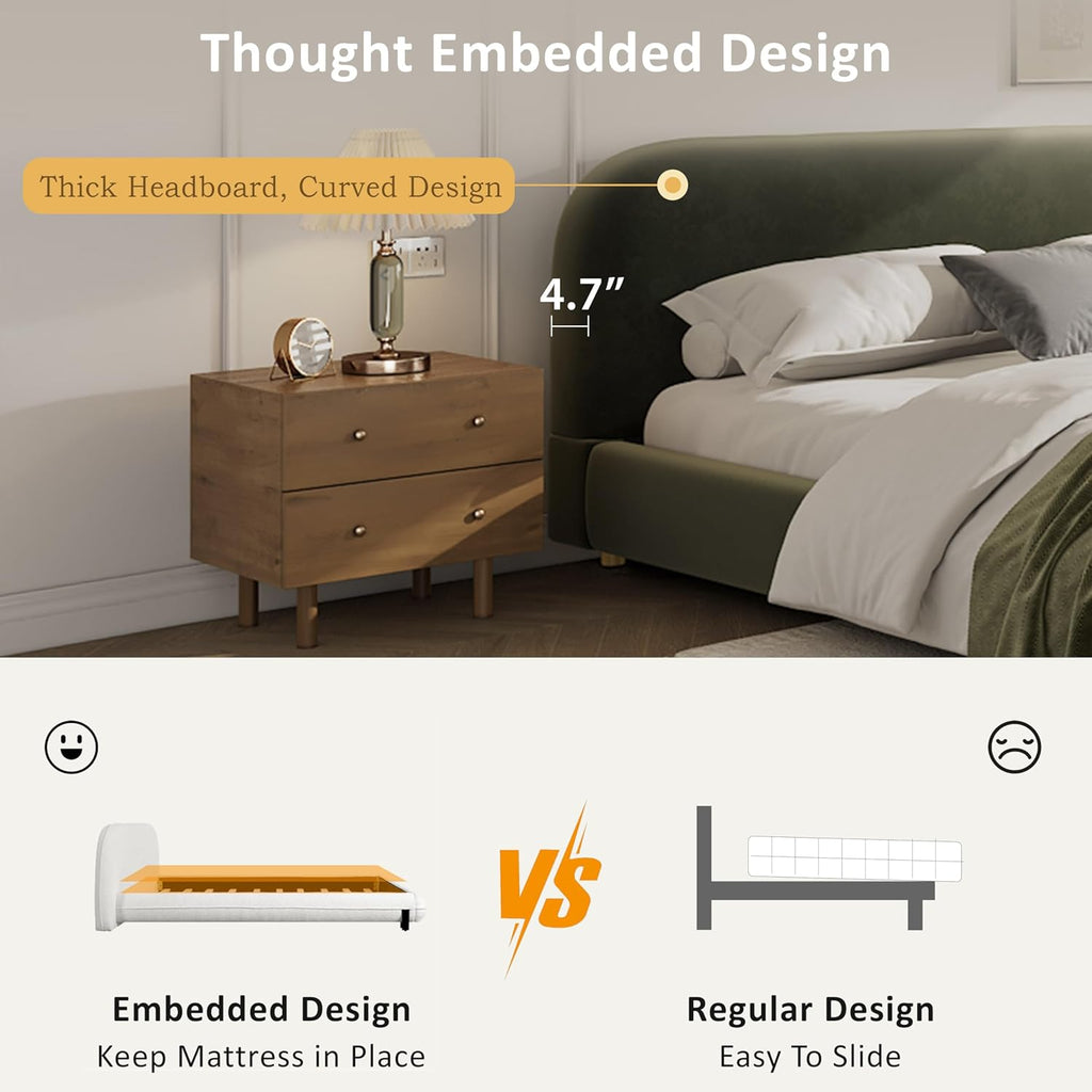 King Size Platform Bed with Curve-Shaped Design Headboard, Velvet Fabric Upholstered Platform Bed with Strong Support, Modern Bed Frame, No Box Spring Needed, Easy Assembly (Olive Green,King,8)