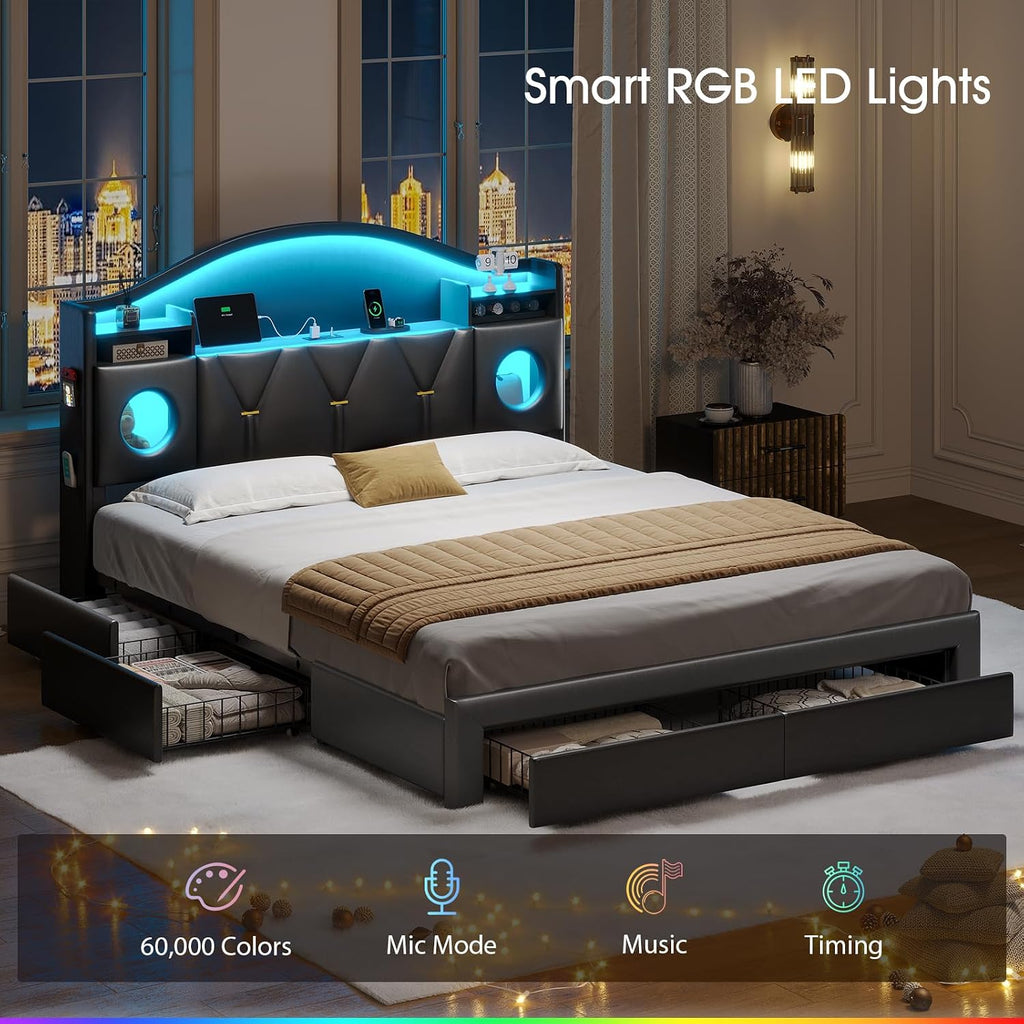 Queen Bed Frame with 6 Storage Drawers,Platform Bed Frame Queen Size with Headboard,LED Lights&Charging Station,Queen Bed with Metal Support, Noise-Free,No Box Spring Needed,Easy Assembly,PU Black