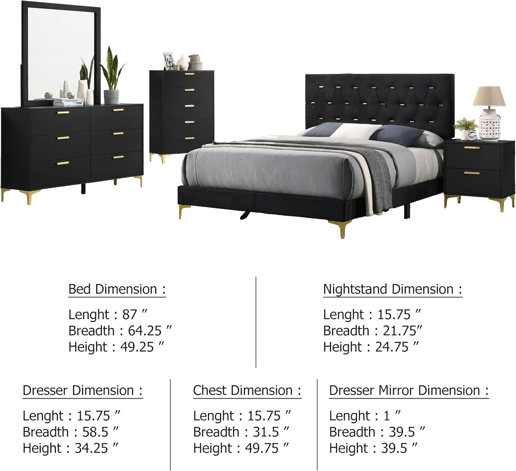 Benzara Dle 5 Piece Queen Bedroom Set, Tufted Black Velvet, Modern Gold Accent