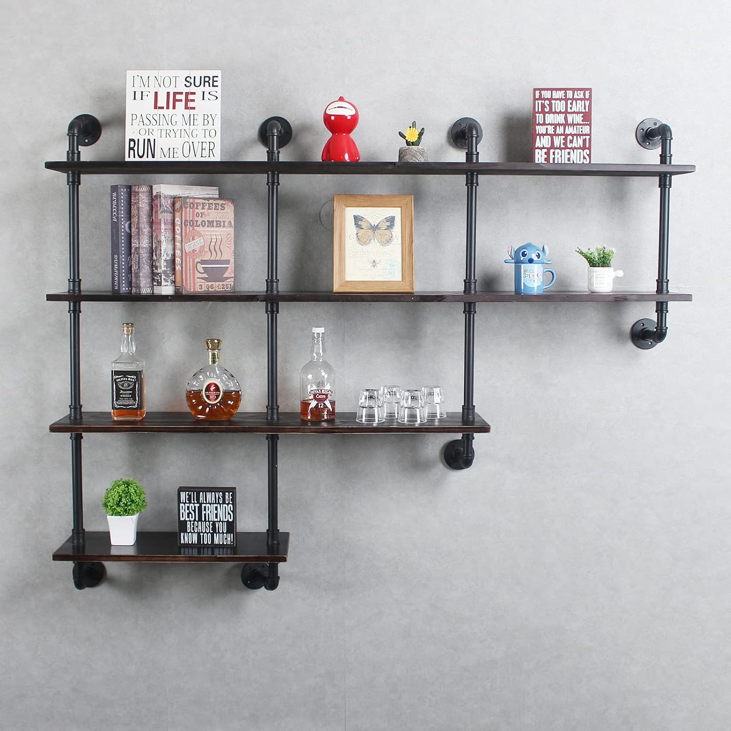 MBQQ 4-Tiers 63inch Industrial Pipe Shelving,Rustic Wooden&Metal Floating Shelves,Home Decor Shelves Wall Mount with Wine Rack,Decorative Accent Wall Book Shelf for Kitchen,Retro Black