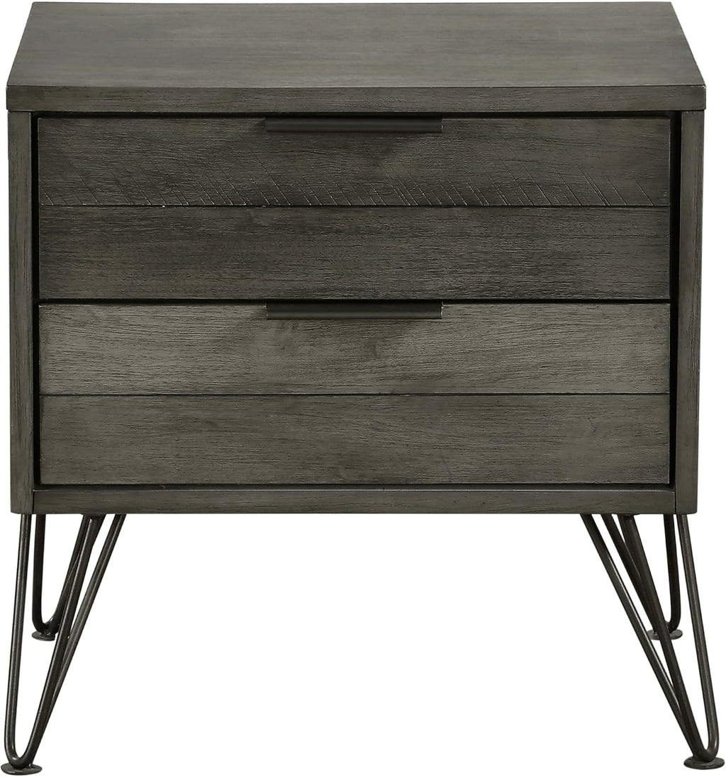 5-Piece Modern Queen Size Bed Set Panel Gray Finish Solid Acacia Wood Metal Legs Bedroom Furniture