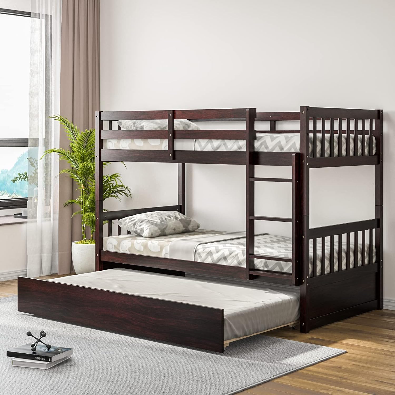 KOMFOTT Wood Twin Over Twin Bunk Bed with Trundle, Solid Pine Wood Bunk Bed Frame with Ladder & Safety Guardrails, Space-Saving Convertible Twin Bed Frame for Home & Dormitory, No Box Spring Needed