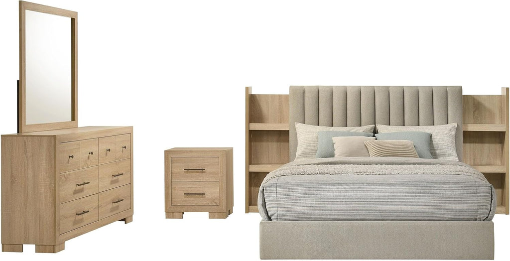 Coaster Home Furnishings - Arielle - Wood - 4-Piece Bedroom Set with Storage Bed, Tufted Headboard, Bookcase Panels and Transitional Style - Bedroom - Eastern King Size - Light Oak - 223111KE-S4
