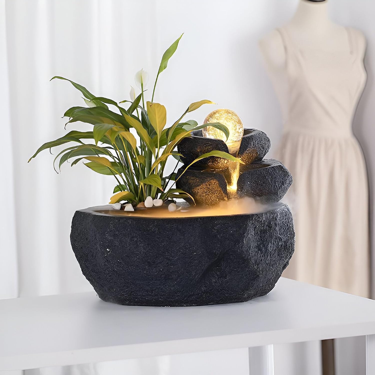 11.42' Indoor Tabletop Fountain with 3-Tier Flow, RGB LED Lights, Decorative Bubble Ball, Mist Maker & 10 Natural Crystals – Zen Resin Waterfall for Home Office Decor & Meditation (Black)