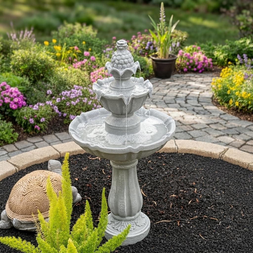 XBrand 36.2' Solar Powered 2-Tier Outdoor Water Fountain, Resin Fountain with Solar Panel Pump, Gray