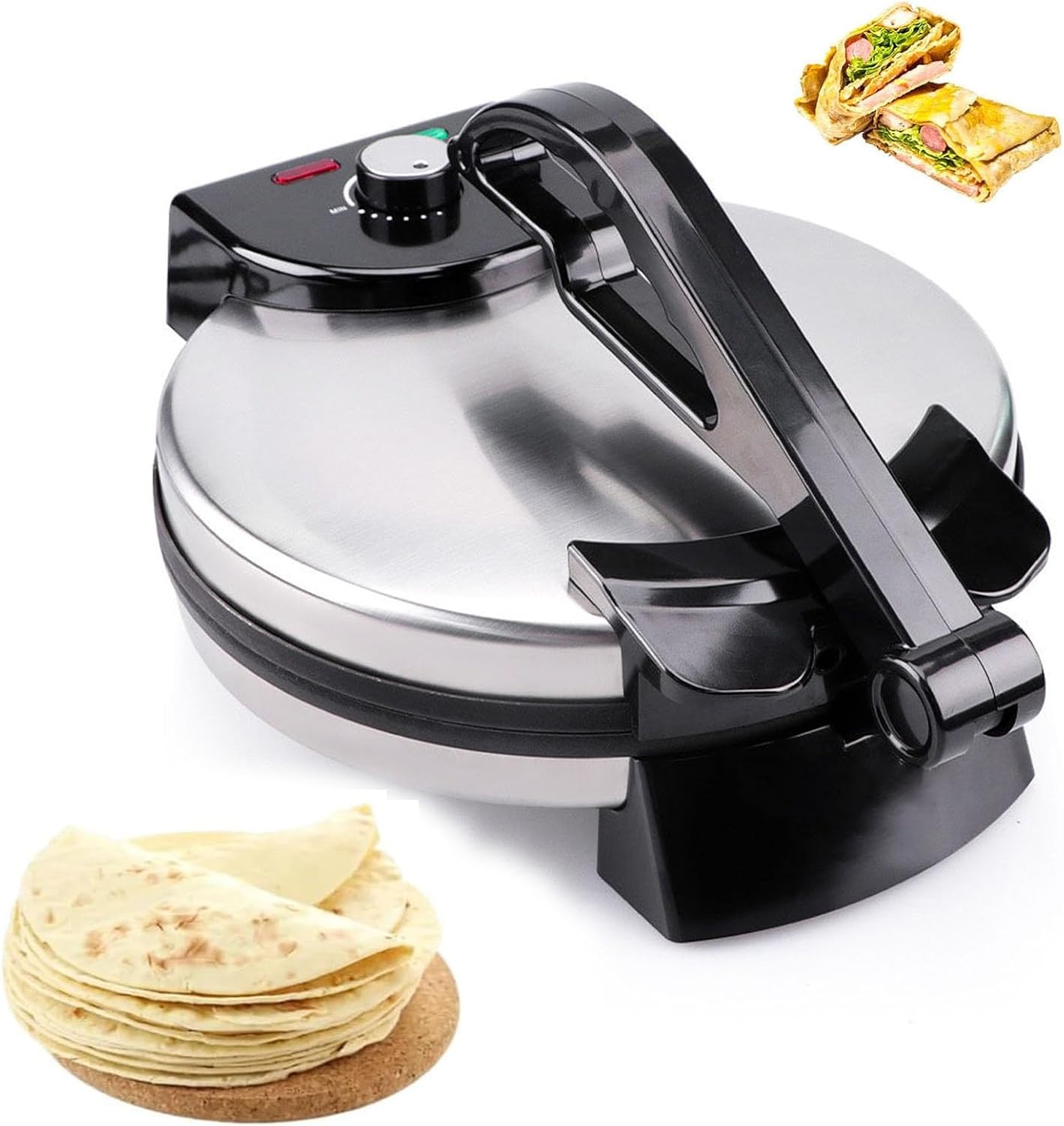 Electric Roti Maker Double-Sided Heating, 10-Inch Non-Stick Chapati & Tortilla Machine with Adjustable Temperature for Pizza, Pita, Quesadillas & Mor