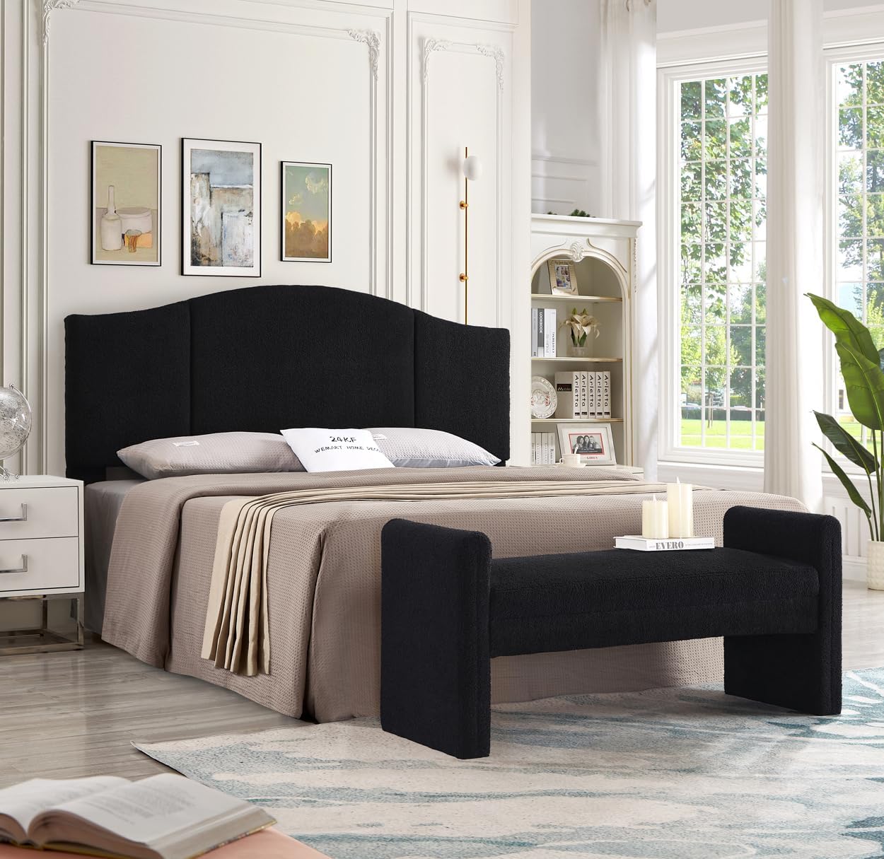24KF Upholstered Soft Teddy Fabric King Headboard,Modern Wave-Like Top Edge CA King Size Headboard, 6033-K-Black