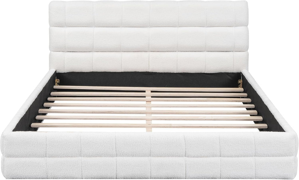 Ball & Cast Queen Size Low Bed Frame with Soft Fleece Headboard, Grounded Floor Platform Bed with Wood Slats Support for Kids Teens Adults,No Box Spring Needed,Easy Assembly,White