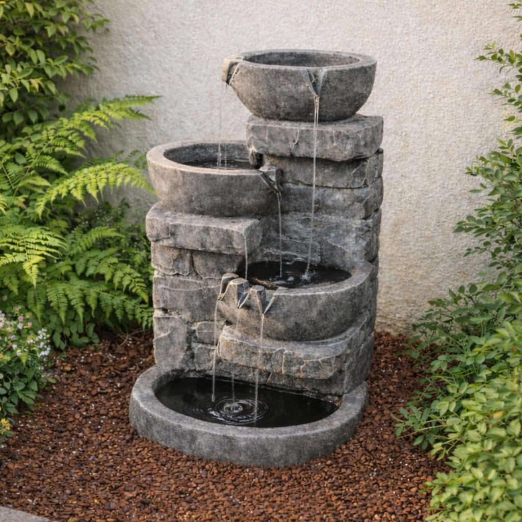 Teamson Home 33' Outdoor Water Fountain with LED Lights, 3-Tier Cascading Bowls, Weather-Resistant Resin Garden Water Feature for Patio, Lawn, and Backyard Decor – Stone Gray
