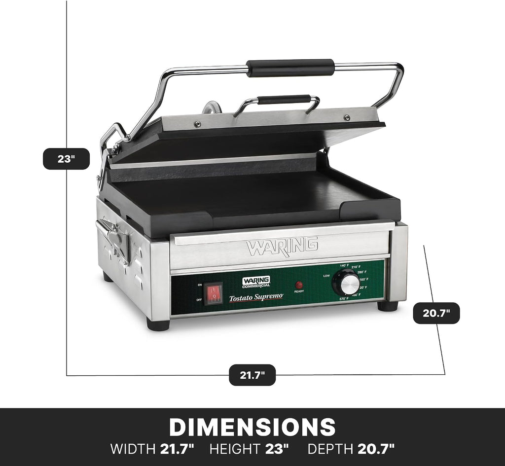 Waring Commercial Panini Press, Flat Cast Iron Plates, 14.5' x 11' Cooking Surface, 570°F Adjustable Thermostat, for Sandwiches up to 3' Thick, Professional Kitchen Grill, 120V, WFG250