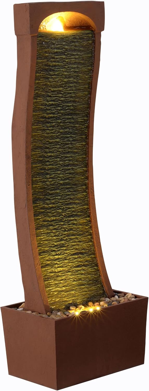 Teamson Home 38.5' Indoor/Outdoor Modern Curved Faux Slate Waterfall Fountain with LED Lights, Red Rock