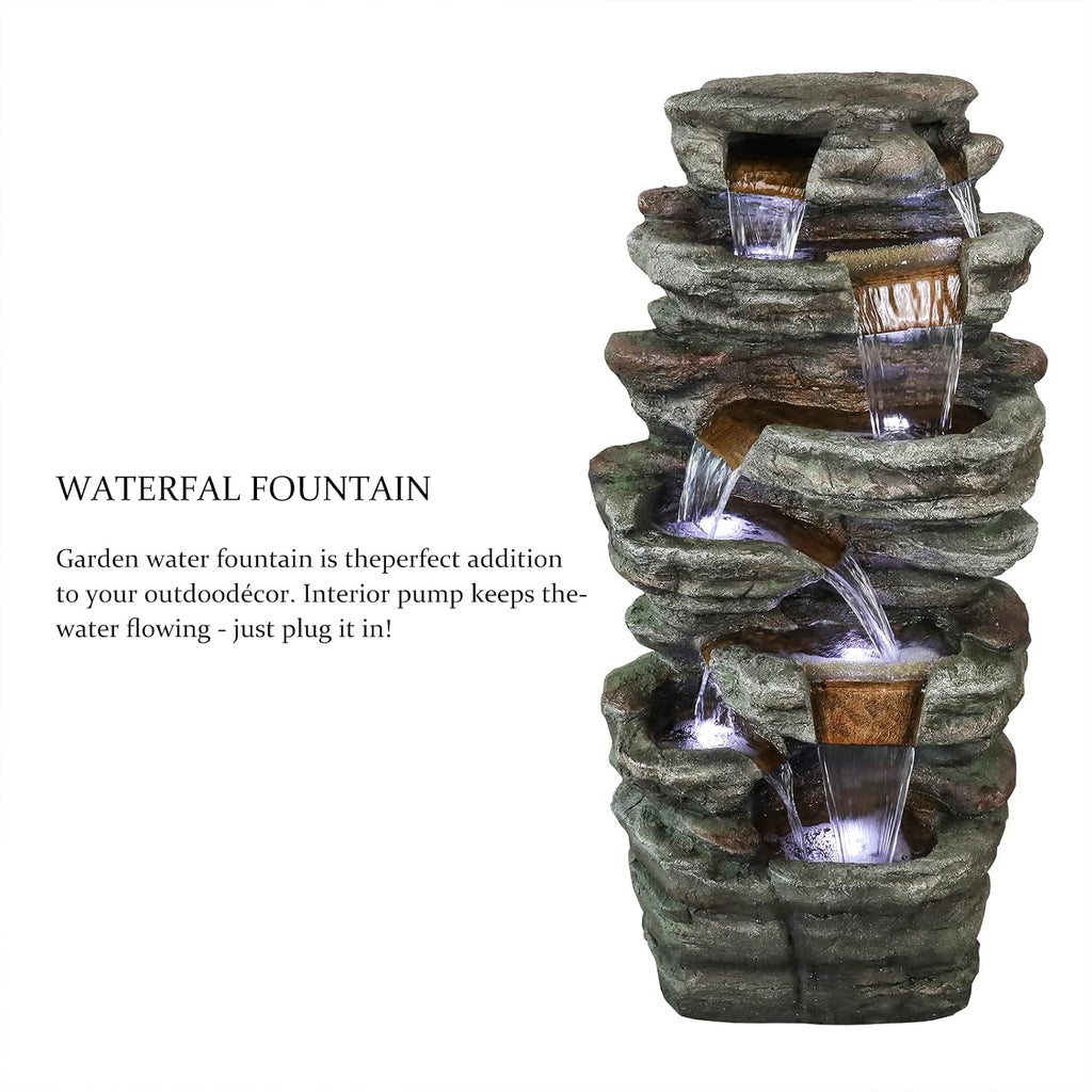 SunJet 48' High 7-Tiers Cascading Rock Outdoor Water Fountain with LED Lights - Large Outdoor Fountains and Waterfalls for Garden or Patio, Yard, and Deck Decor, Featuring Natural Stone Look