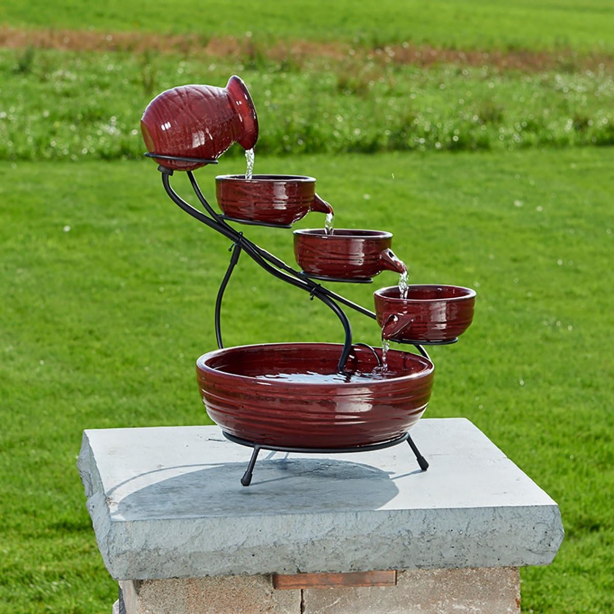 Smart Solar 23941R01 Ceramic Solar Cascade Fountain, Lava Red Finish, Powered by Included Separate Solar Panel, No Operating Costs or Wiring Required Small