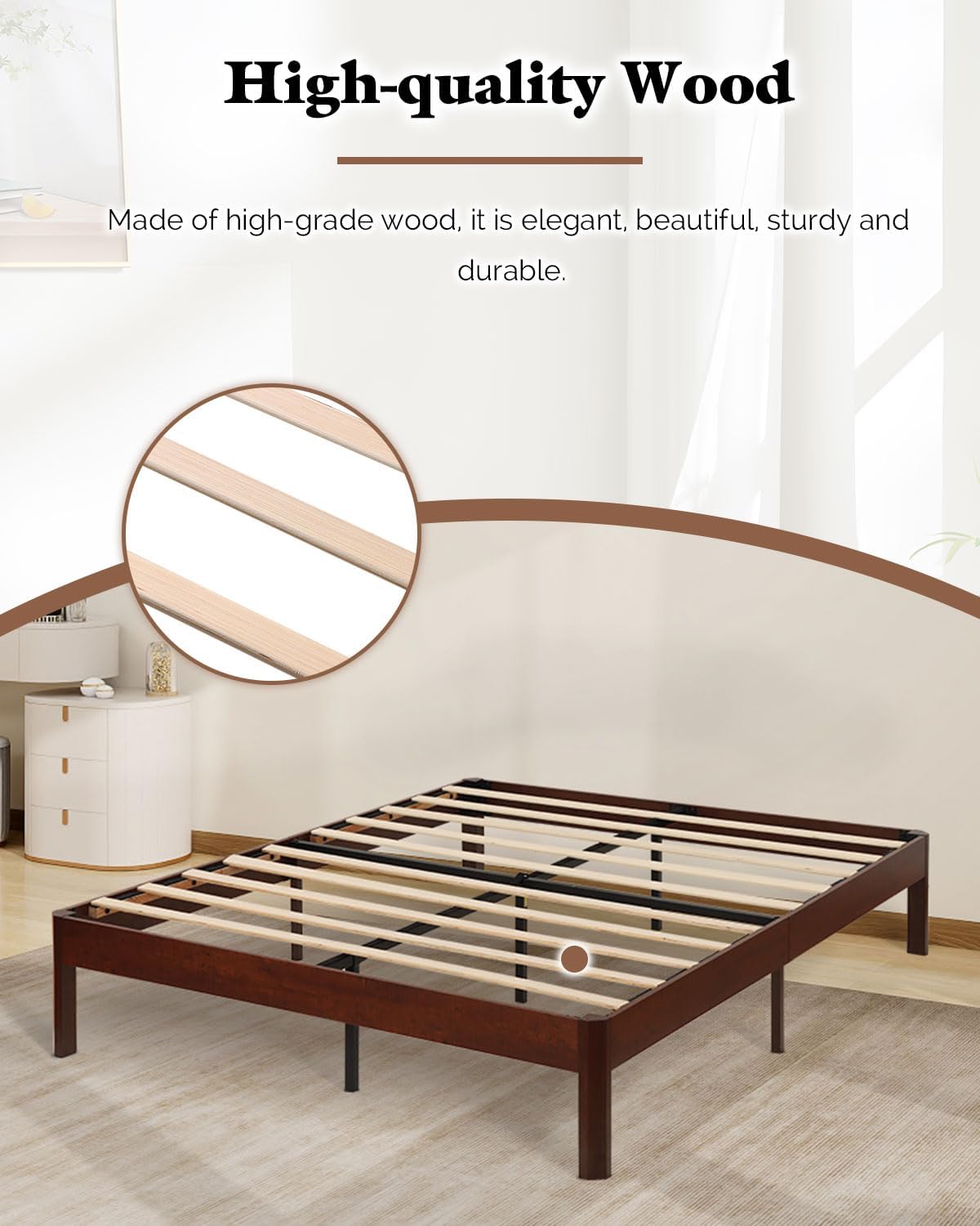 14 inch Sturdy Heavy Duty Wood Bed Frames with Wooden Slats, Queen Size Platform Bed Frame, Natural Classic Design, Easy Set Up, Storage Space Under-Bed, No Box Spring Needed (Queen)