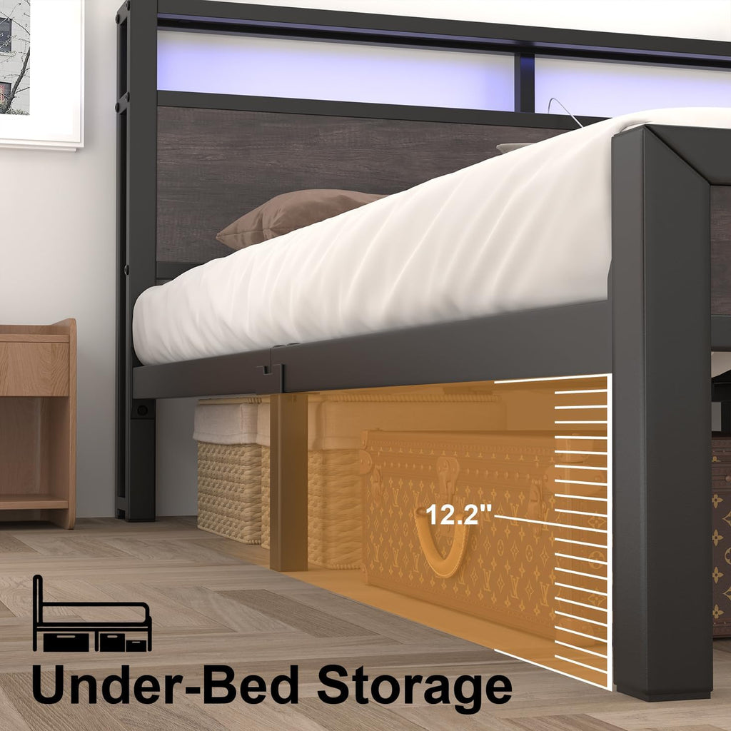 LoVinson King Size Bed Frame with Charging Station and LED Light, Metal Platform Bed with Storage Headboard, Noise Free, No Box Spring Needed, Easy Assembly, Grey