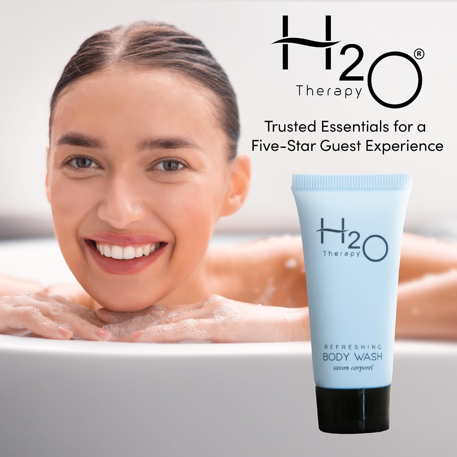 H2O Therapy Hotel Body Wash 0.85 oz Travel Size Bottles | Bulk 300 Pack | White Tea with Aloe & Olive Oil | Paraben Free Guest Amenities Complimentary Toiletries for Vacation Rentals