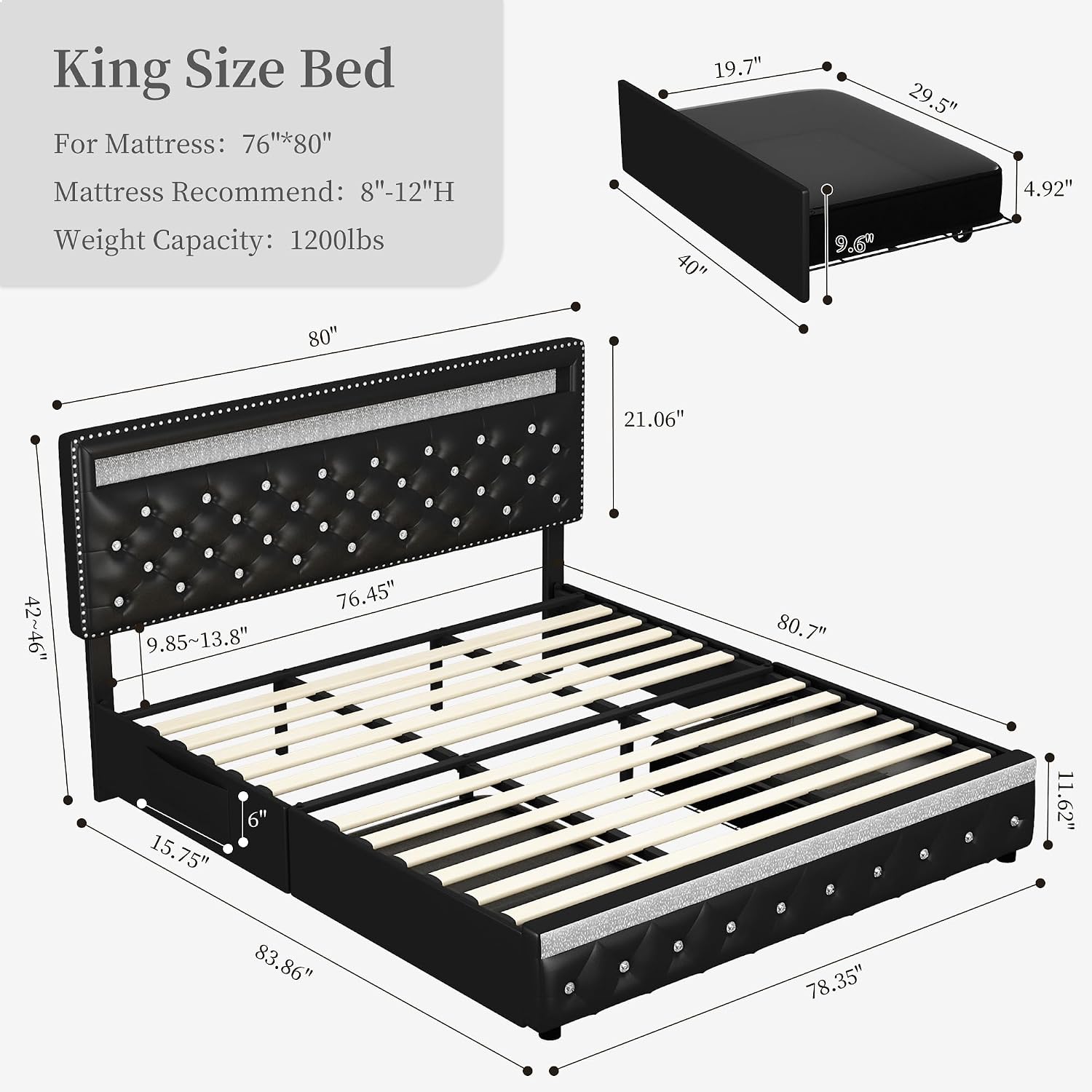 Sibeds King Led Bed Frame with 2 Drawers, Heavy Duty King Size Platform Bed with Storage, Upholstered Bed Frames with Adjustable Headboard, Solid Support, No Box Spring Needed, Easy Assembly, PU Black