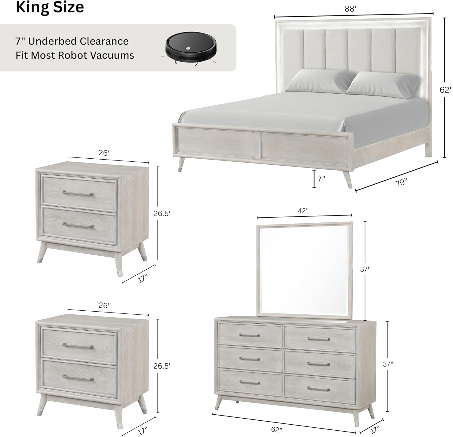 Roundhill Furniture Seluna 5-Piece Bedroom Set with Touch LED Lighting, Gray Oak Finish, King