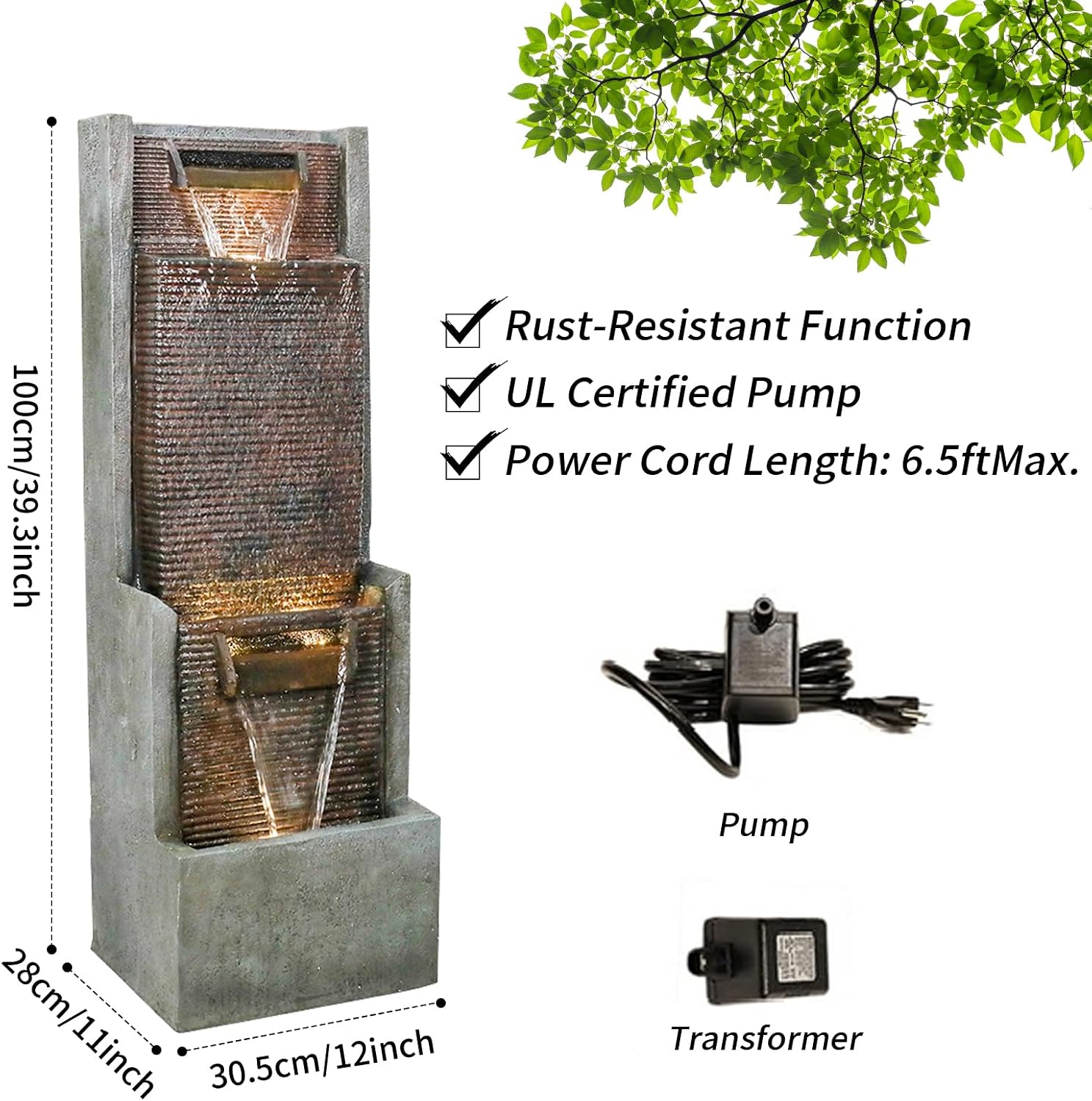 Hamiedun Outdoor Garden Waterfalls Fountains with Led Lights Water Fountain Outdoor/Indoor Resin Fountain for Patio Decor Garden, House, Office, Garden, Home Art Decor