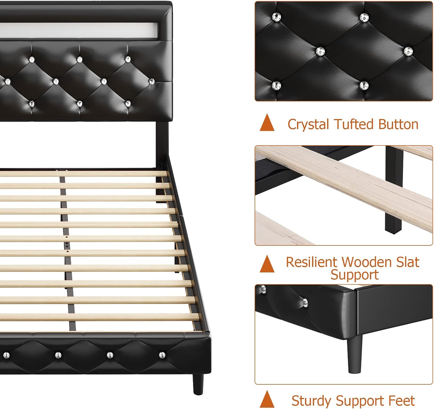 Keyluv Modern Upholstered Queen Bed Frame with LED Lights, Faux Leather Low Profile Platform Bed Frame, Adjustable Crystal Button Tufted Headboard, Strong Wood Slat Support, Easy Assembly, Black