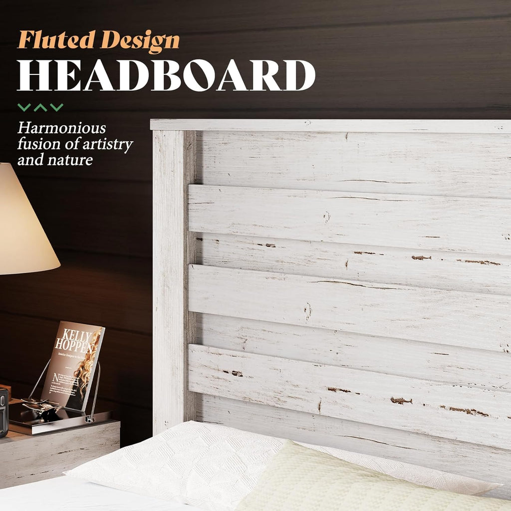 AMERLIFE Farmhouse Full Size Bed Frame with 49' Fluted Headboard, Platform Bed with Natural Wood Grain, No Box Spring Needed/Noise Free, Distressed White