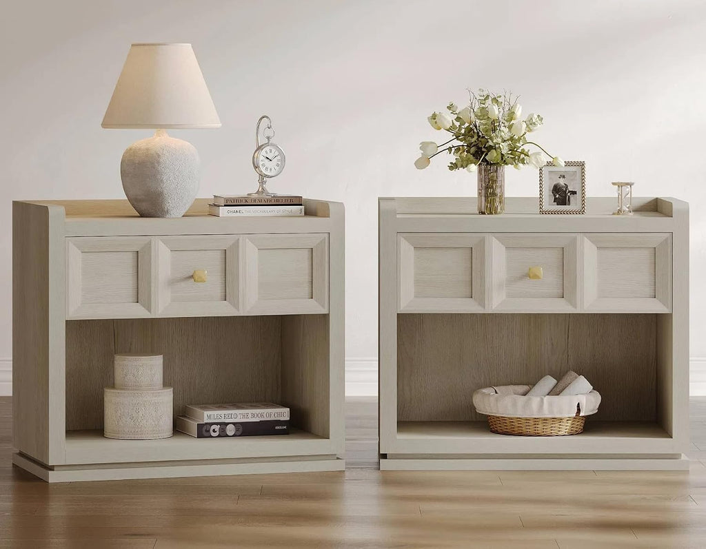 SICOTAS Night Stand Set 2, 26' Wide Nightstands with Drawer, Large Queen Size Nightstands Set of 2, Modern Bedside Table for Bedroom, Side End Table, Grey White Oak