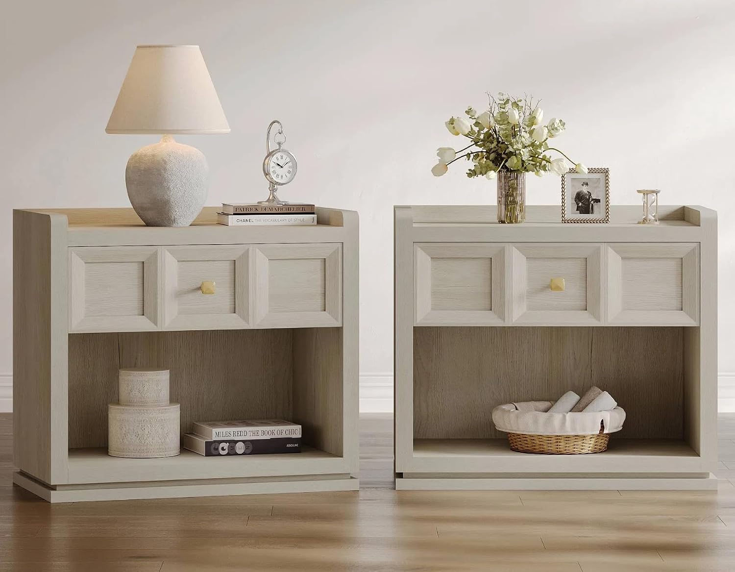 SICOTAS Night Stand Set 2, 26' Wide Nightstands with Drawer, Large Queen Size Nightstands Set of 2, Modern Bedside Table for Bedroom, Side End Table, Grey White Oak