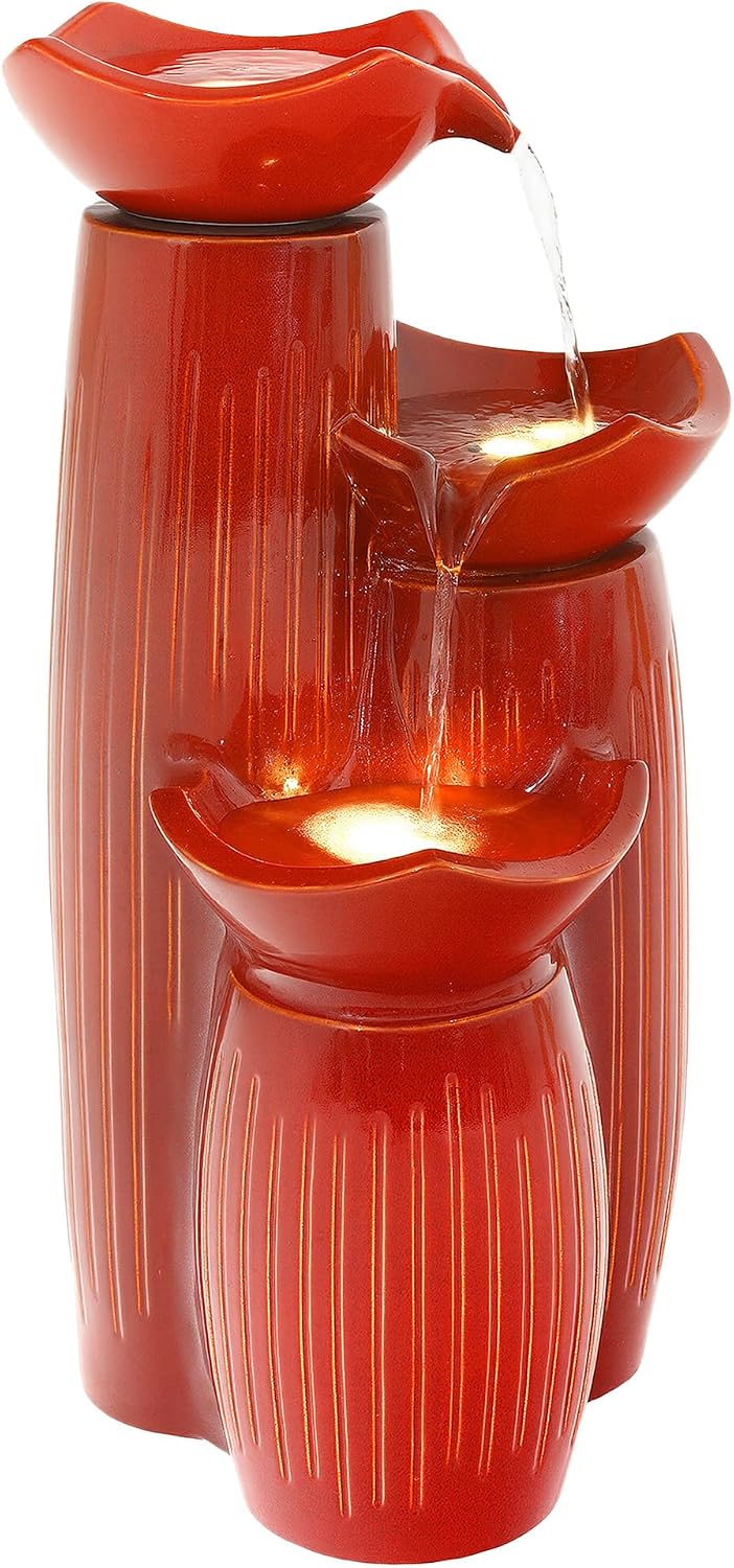 30' H Ceramic Outdoor Water Fountain with LED Lights, 3-Tier Cascading Lotus Bowls Water Feature, Tranquil Waterfall for Relaxing Garden, Patio, Yard, Terracotta Red, Vertical Striped Texture