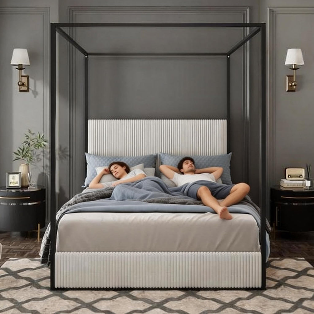 Queen Size Metal Canopy Bed with Tall Upholstered Channel Headboard and Gold 4 Poster, No Box Spring Needed (White+ Black, Queen)