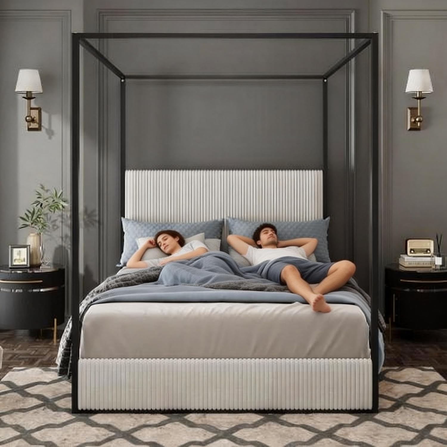 Queen Size Metal Canopy Bed with Tall Upholstered Channel Headboard and Gold 4 Poster, No Box Spring Needed (White+ Black, Queen)