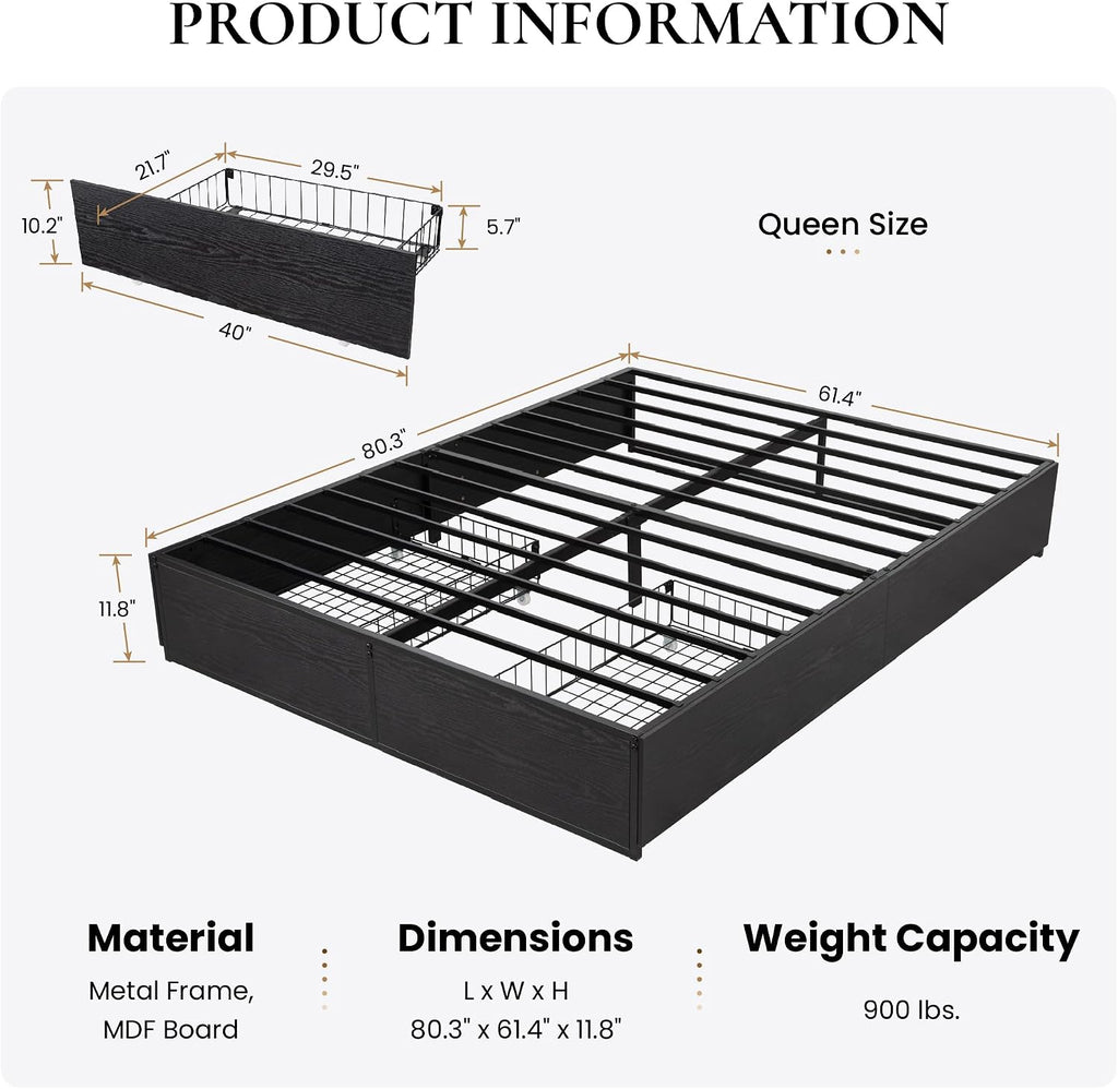 SHA CERLIN Queen Platform Bed Frame with 2 Large Storage Drawers - Heavy Duty Metal & Rustic Wood, Noise-Free, No Box Spring Needed, Black