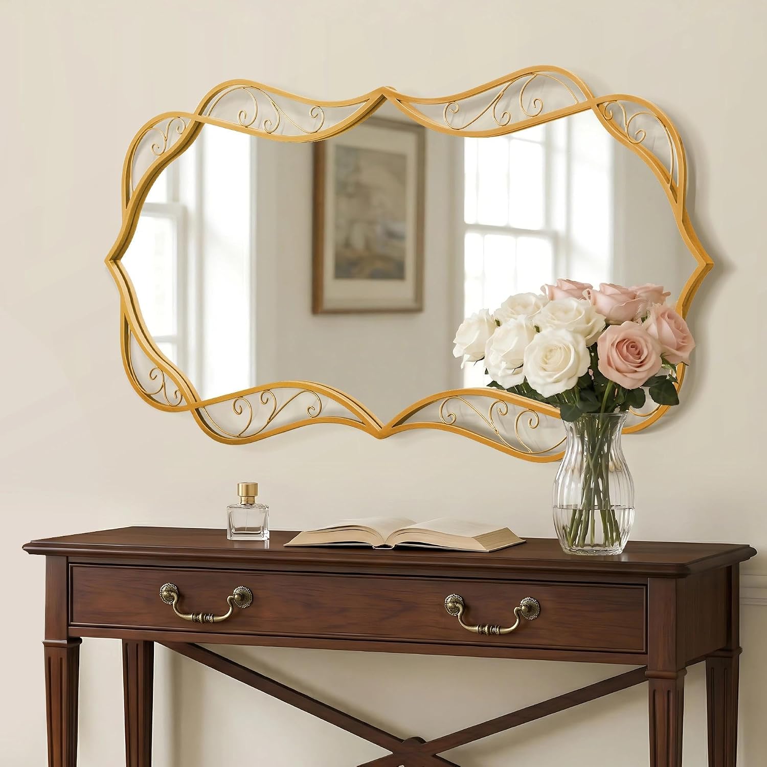 Besdomus Gold Bathroom Large Mirror: 24'x48' Scalloped Modern Large Vanity Mirror for Wall - Farmhouse Decorative Vertical or Horizontal Hanging - Wall Decor for Bathroom/Entryway/Bedroom/Living Room