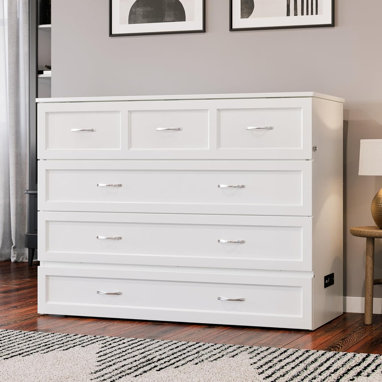 AFI, Northfield Murphy Bed Chest Full with 6' Mattress, Storage Drawer & Built-in USB Charger, White