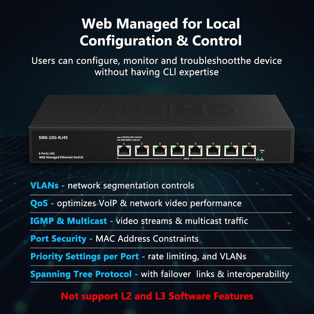 8 Port 10Gb RJ45 Web Managed Network Ethernet Switch 8 x 10G Base-T Port | Multi-Gig 10G-5G-2.5G-1G | 19 Inch Rack Mount | Built-in Fan | 160G Bandwidth | 10Gbps for 10G NAS, PC, WiFi7 Router