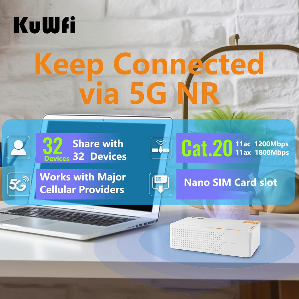 KuWFi 5g Router with sim Card Slot Unlocked,AX3600 WiFi-6 Modem with Sim Card Slot,NR NSA/SA 5G NR SA NSA AX3000 WiFi 6 CPE Router with Battery use for Outdoor and Indoor