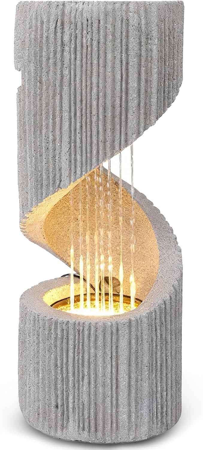30' H Outdoor Water Fountain with LED Light, S-Shaped Modern Curved Outdoor Fountain, Spiral Column Fountain, Decorative Waterfall Feature with Flat Top Plant Display for Garden, Patio Decor