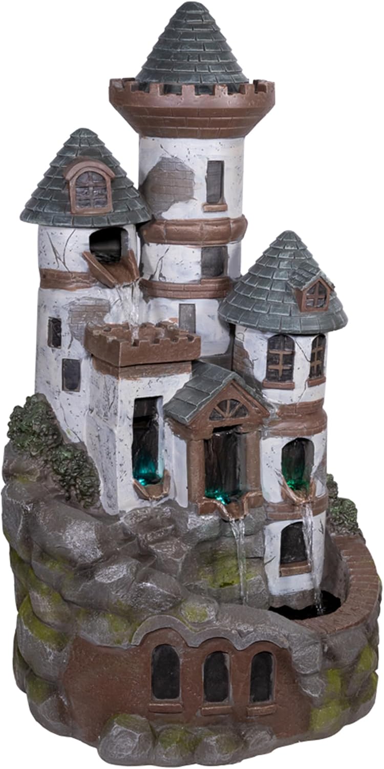 Alpine Corporation USA1368 Outdoor Floor Tiered Fairy Castle Water Fountain with Color Changing LED Lights, 35', Brown