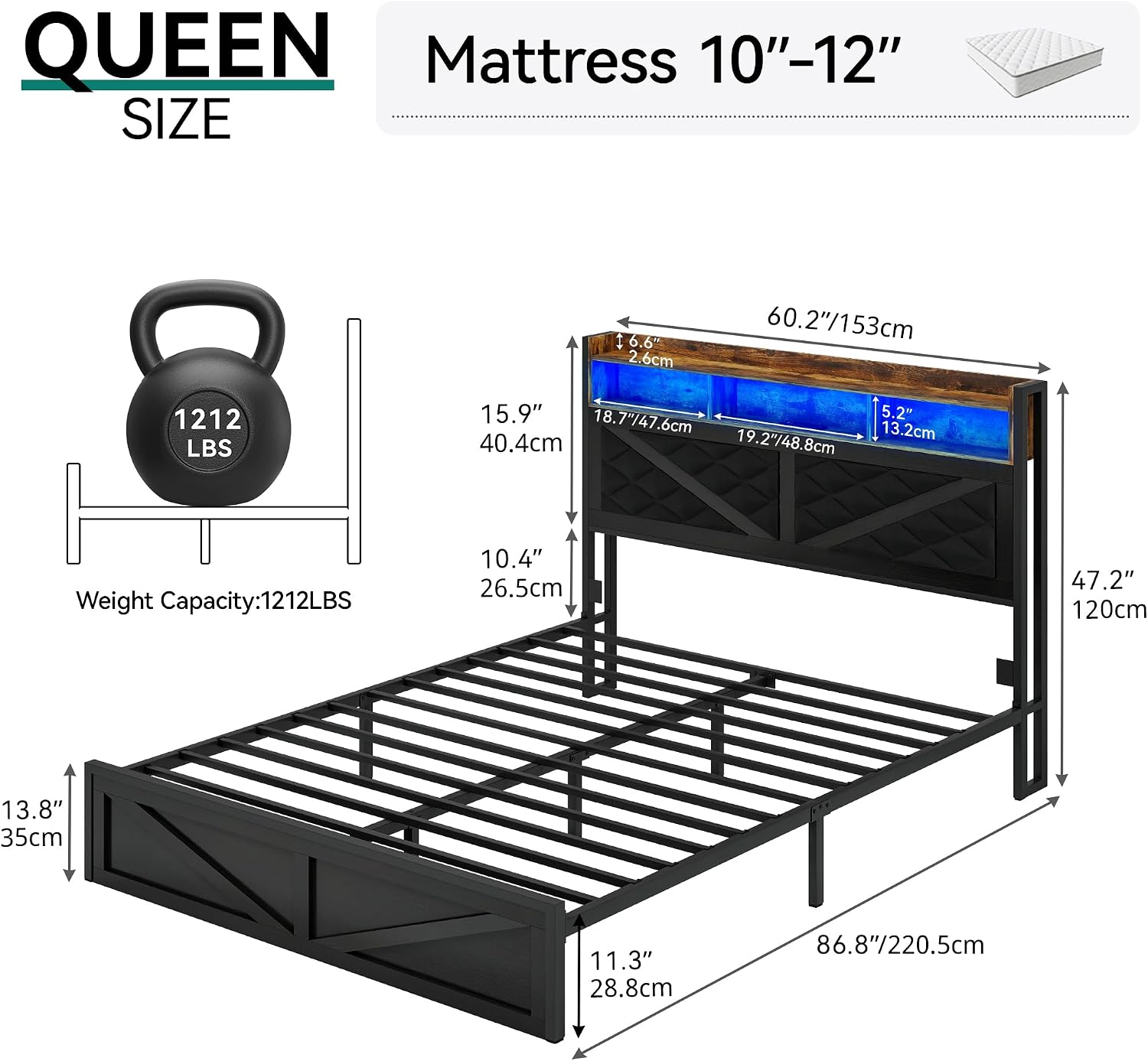 DWVO Bed Frame with Charging Station and Storage Headboard, Upholstered Platform with Large Under Bed Storage and LED Light, No Box Spring Needed, Noise Free, Faux Leather, Black, Queen Size