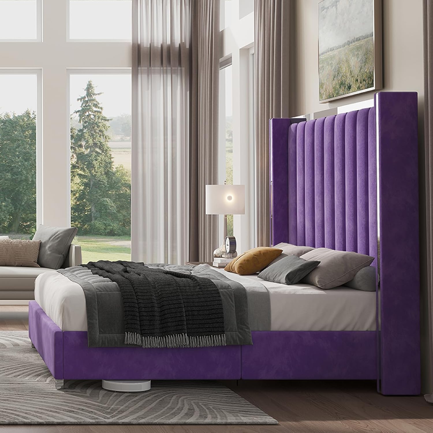 Jocisland Queen Bed Frame with 58' Tall Headboard, Velvet Upholstered Platform Bed with Channel Tufted Wingback Headboard and Plating Trim, No Box Spring Needed, Purple